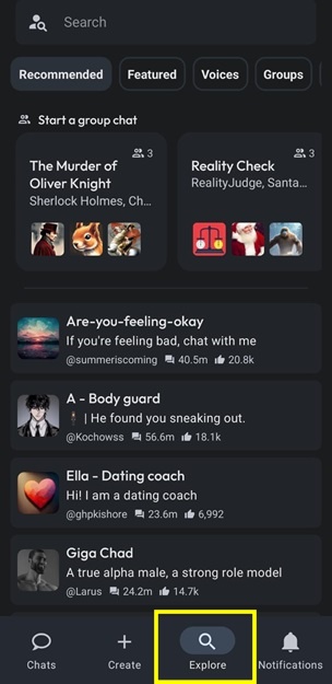 Explore screen on Character.AI