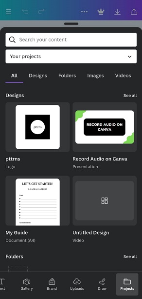 Projects on Editor panel