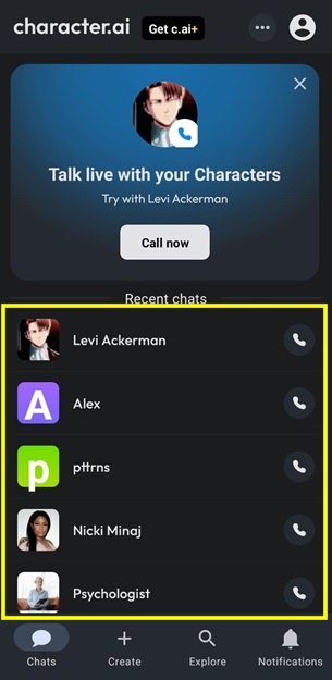 Recent conversation characters