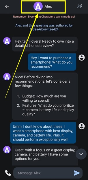 Tap on Character name