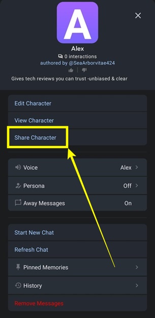 Tap on Share Character