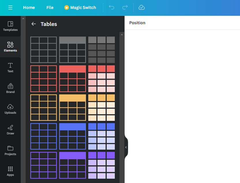 Available tables in Canva