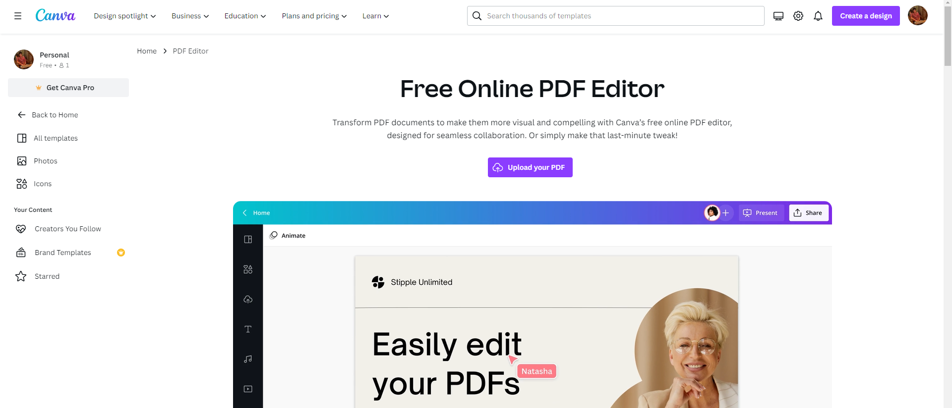 Canva PDF Editor homescreen
