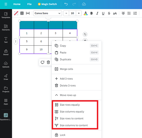 Change size of rows/columns