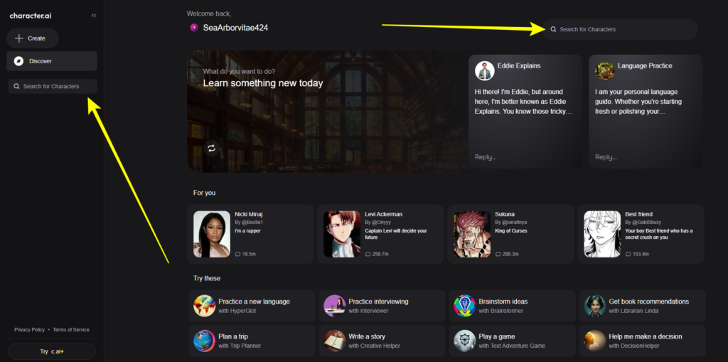 Character AI search bar