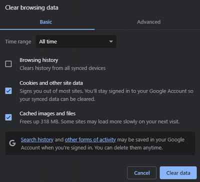 Clear cache and cookies
