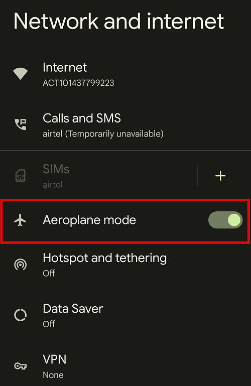 Disable Aeroplane mode