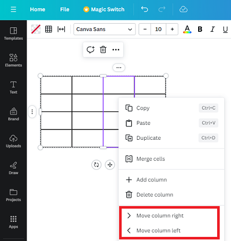 Move column/row