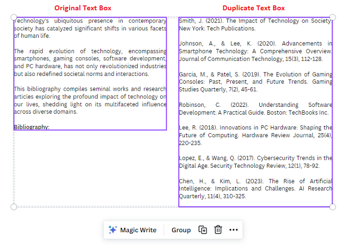 Original and Duplicated text boxes after removing text in duplicate box