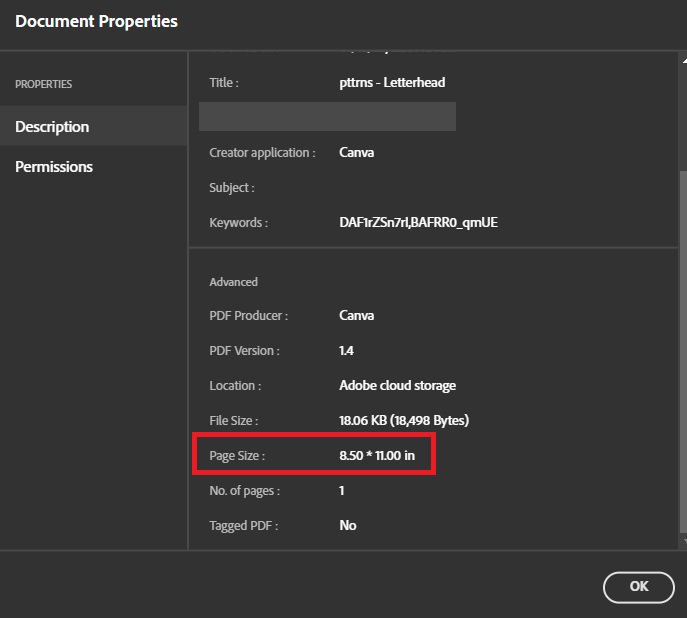 Page size - Document properties