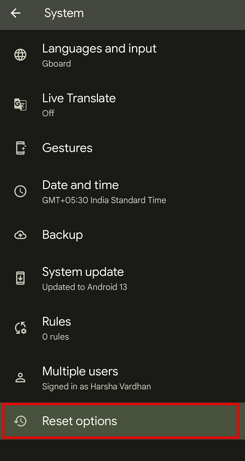 Reset Options in Setings