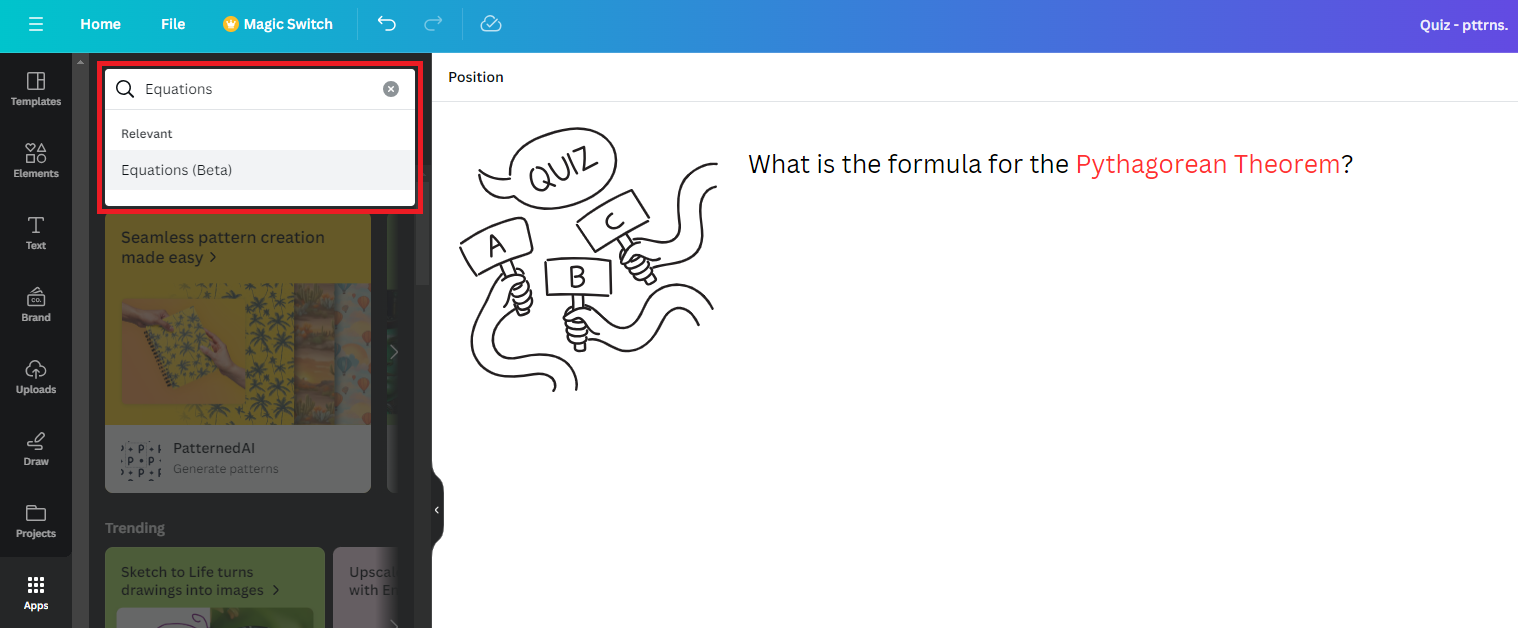 Search for Equations app on Canva