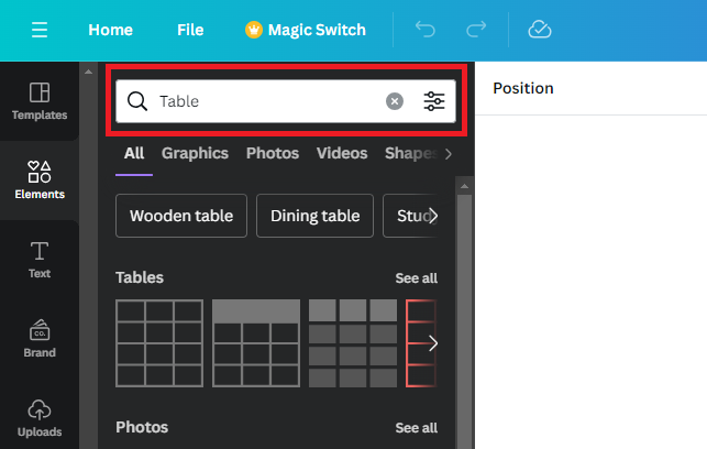 Search for table