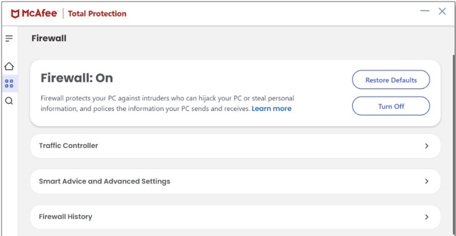 Turning off firewall on Mcafee