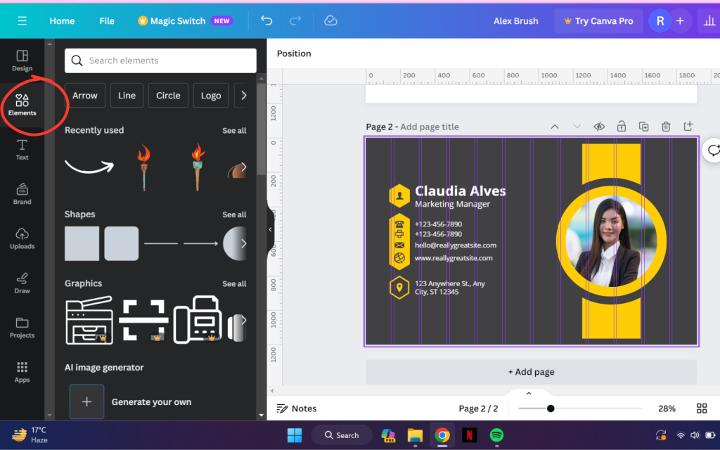 elements section in canva