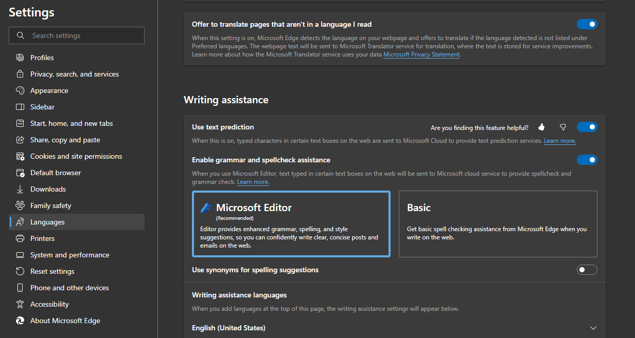 Writing assistance on Edge - Enabled